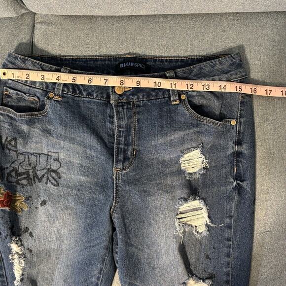 Blue Spice Womens 11 Jeans Embroidered Painted Straight Peace Distressed - Picture 11 of 15